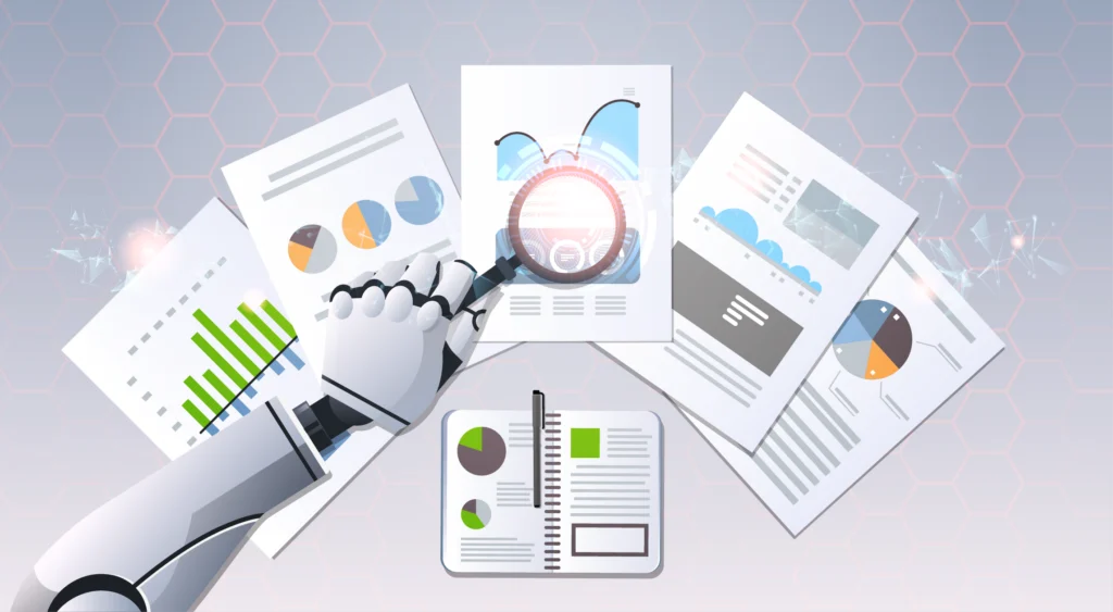 gartner research 2026 secure agentic AI for enterprises - robot arm holds a magnifying glass over a bunch of paperwork with stats and analysis on them. Agentic AI Security