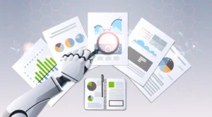 gartner research 2026 secure agentic AI for enterprises - robot arm holds a magnifying glass over a bunch of paperwork with stats and analysis on them. Agentic AI Security