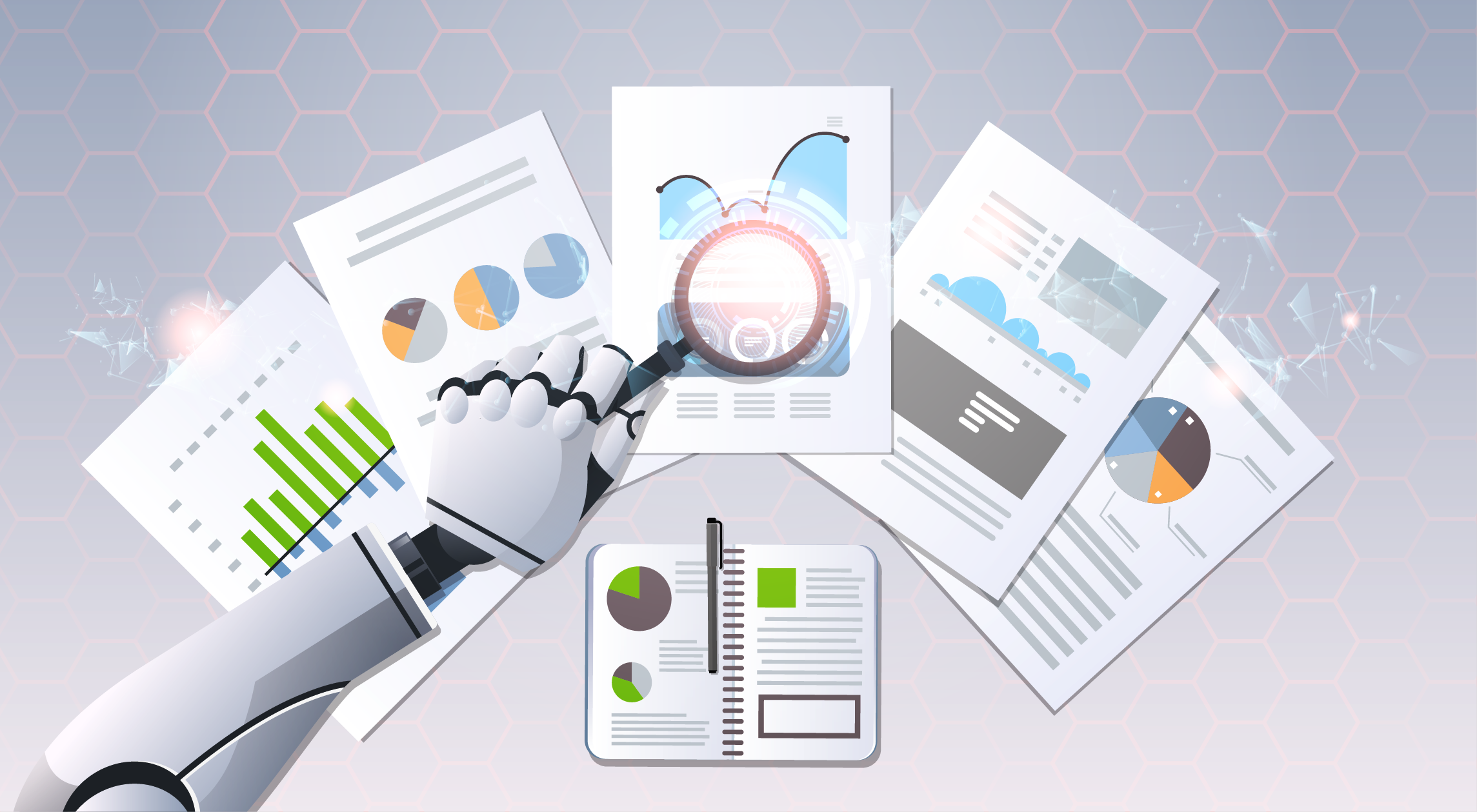 gartner research 2026 secure agentic AI for enterprises - robot arm holds a magnifying glass over a bunch of paperwork with stats and analysis on them