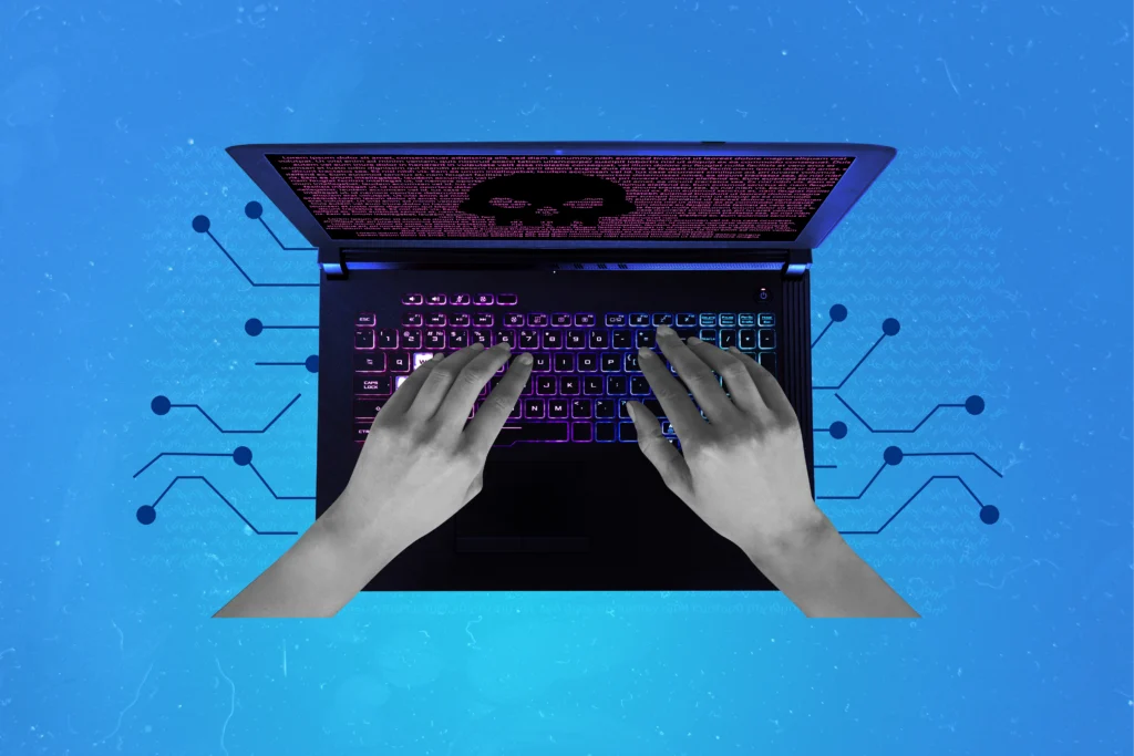 Graphic hands on a laptop, laptop screen shows an evil emoji to represent bad actors and cyber threats. Blog feature image - Five Eyes alliance warning on AI security risk and the compressed cyber-attack timeline.